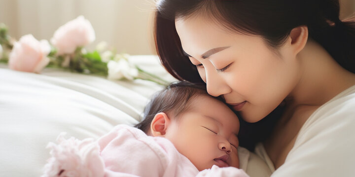 Close up portrait of beautiful young asian caucasian mother day girl kissing healthy newborn baby sleep in bed.Generative ai