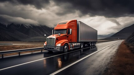 A semi-trailer for long-distance transportation, which travels at high speed on the highway. Created using Generative AI technology.