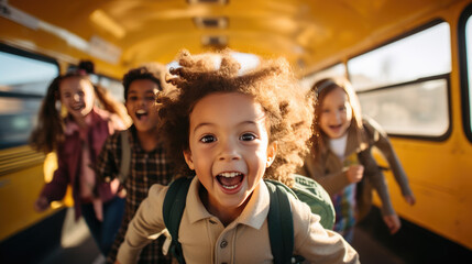A group of schoolchildren running in the background of a school bus. Created with Generative AI technology.