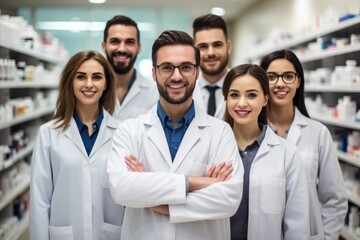 Group of pharmacists standing together in a chemist. Generative AI