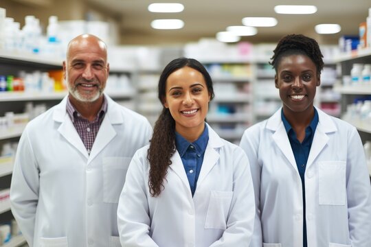 Group of pharmacists standing together in a chemist.