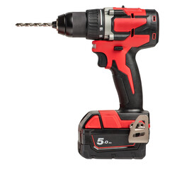 Cordless drill isolated on white background. New red cordless screwdriver with drill bit inserted,...