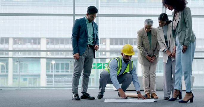 Talking business people, architecture or blueprint paper in construction worker meeting, planning or designing building. Men, women or engineering contractor with floorplan in developer collaboration
