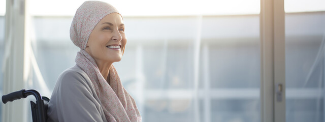 Middle-aged woman with cancer wearing head scarf sits in a wheelchair in a hospital. Created with Generative AI technology.