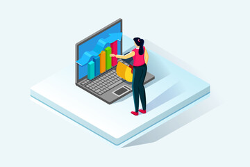 Flat isometric vector business illustration. small people characters develop creative business idea.