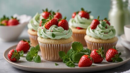 Obraz na płótnie Canvas Pure Delight: Strawberry and Mint Cupcakes That Melt in Your Mouth, Generative AI