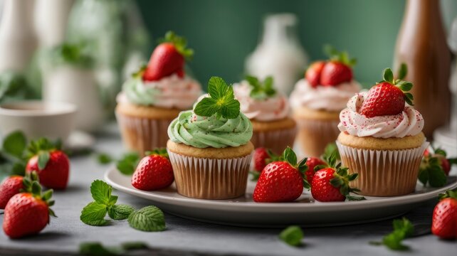 Fresh, Flavorful, Fantastic: Cupcakes with Strawberries and Mint Leaves, Generative AI