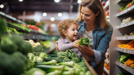 Mother and son are buying vegetables at the store. Created with Generative AI technology. - obrazy, fototapety, plakaty