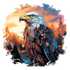  A serene Amerikan Eagle T-Shirt Design capturing the eagle in a tranquil lakeside scene at twilight, perched on a branch with the soft glow of the moon reflecting on the water, Generative Ai