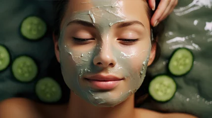 Foto auf Acrylglas Spa Beauty caucasian female woman with clean pure skin taking spa with cucumber slices and facial mask. Skin beauty health care concept. Created with Generative AI technology.
