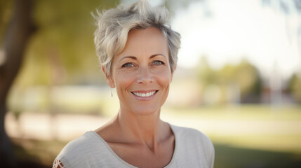 Portrait of a middle-aged woman smiling at the camera.
