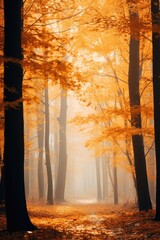 Atmospheric autumn forest in the fog. Yellow and orange leaves on the trees in the morning forest. Beautiful nature background. Generative AI