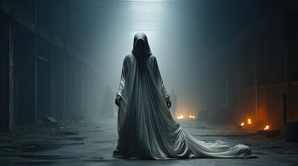 Mysterious woman with white veil walking in the subway tunnel with a terrifying atmosphere. Halloween concept.