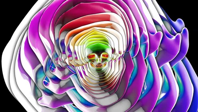 Futuristic seamless animation of a iridescent glass liquid skull with echo effect for Halloween visuals