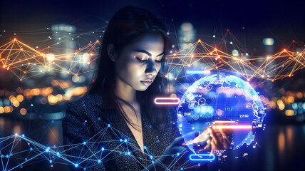 Young professional woman works with touch screen device, looking on neon holograms and financial charts 