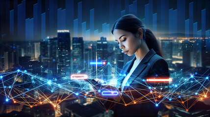 Young professional woman works with touch screen device, looking on neon holograms and financial charts 