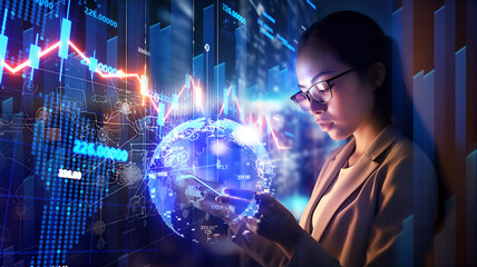 Young professional woman works with touch screen device, looking on neon holograms and financial charts 