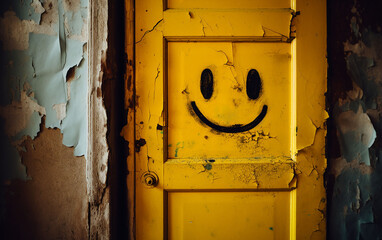 Vintage yellow door with a smiley face graffiti in an abandoned building, contrasting joy amidst decay