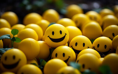 Close-up of cheerful yellow smiley balls nestled among fresh green leaves, symbolizing positivity and nature