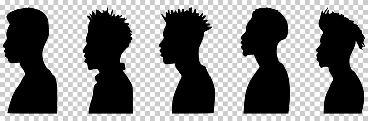 Collection of African American men profile with various hairstyles. Vector illustration isolated on transparent background