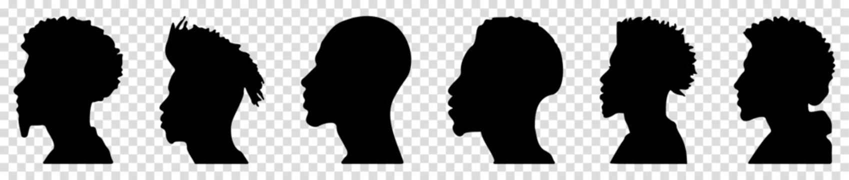African American men profile with various hairstyles. Vector illustration isolated on transparent background