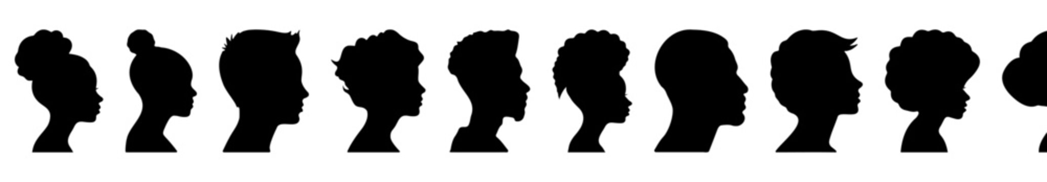 Profile silhouette faces of different people. Vector illustration isolated on white background