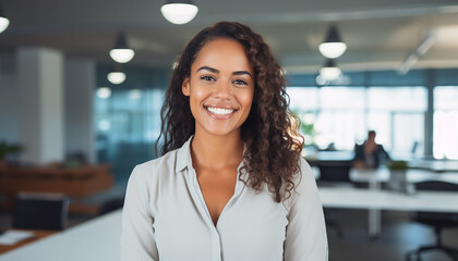 Fototapeta premium Portrait of happy woman smiling on the office. Created by using generative AI tools
