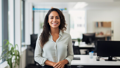 Portrait of a business happy woman on the office. Hispanic. Created by using generative AI tools