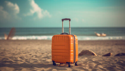 Orange suitcase on the beach. Created by using generative AI tools