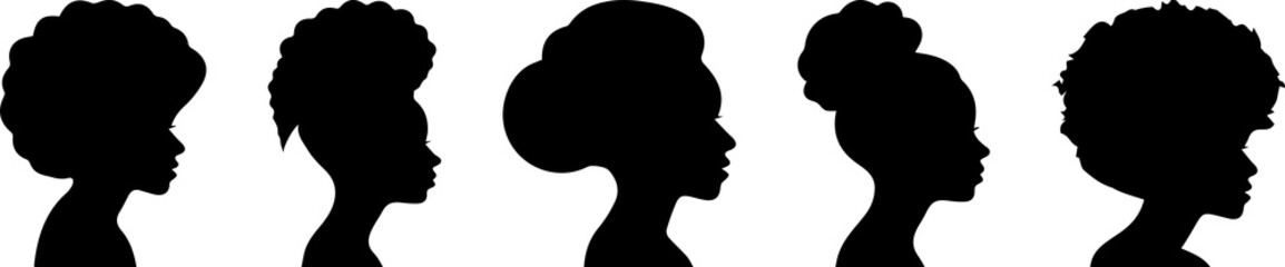 Silhouettes of African American women. Profile with various hairstyles