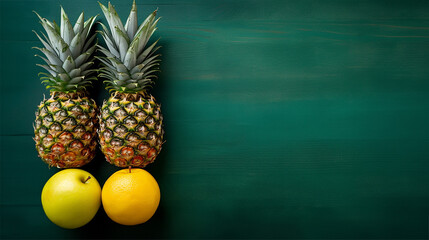 Pineapple and apple on green background. Created by using generative AI tools