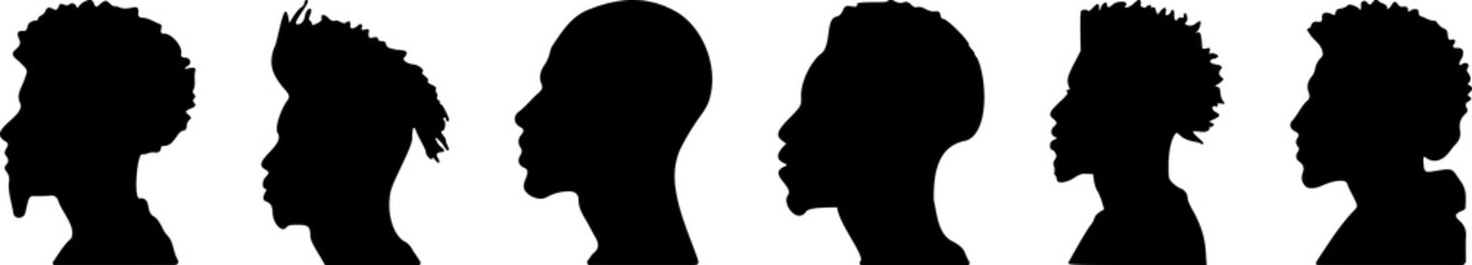 Silhouettes of African American men. Profile with various hairstyles. profile with various hairstyles