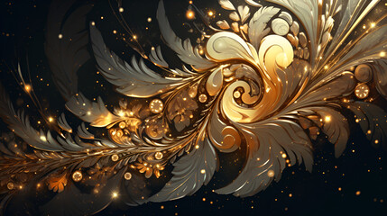 Holiday gold and silver feathers on a black background
