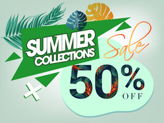 Fototapeta premium Realistic Summer sale banner and poster design with tropical leaves background Vector. big and super sale summer background design.