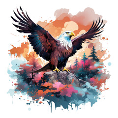  A whimsical Amerikan Eagle T-Shirt Design set in an imaginary world, with the eagle as a mythical guardian with shimmering wings, soaring amidst floating islands and surreal landscapes, Generative Ai