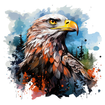A fantastical Amerikan Eagle T-Shirt Design set in a realm of magic, with the eagle as a mythical guardian of enchanted forests, Generative Ai