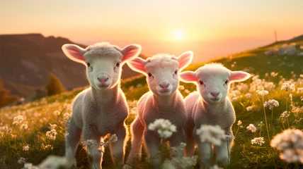 Fotobehang cute lambs in the flower field © Aram
