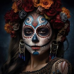 The day of the Dead. Portrait on a dark background of a fictitious young woman, with a painted face in the form of a sugar skull, Diaz de los Muertos.