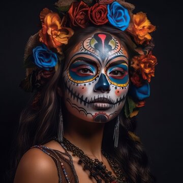 The day of the Dead. Portrait on a dark background of a fictitious young woman, with a painted face in the form of a sugar skull, Diaz de los Muertos.