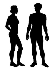 Male and female stands sideways. Vector drawing