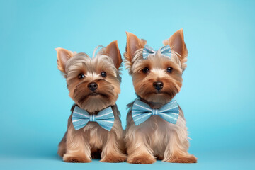 Pair of Yorkshire Terrier dogs with bowties on blue background