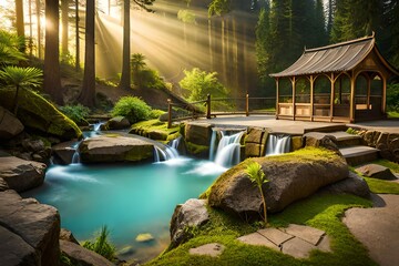 Fototapeta na wymiar japanese garden with waterfall