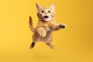 Happy cat jumping with funny expression. Generative AI - obrazy, fototapety, plakaty