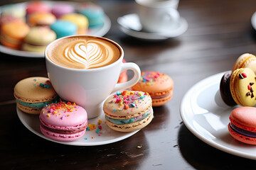 Colorful macarons next to a cappuccino. Generative AI