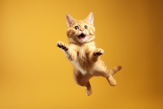 Happy cat jumping with funny expression. Generative AI