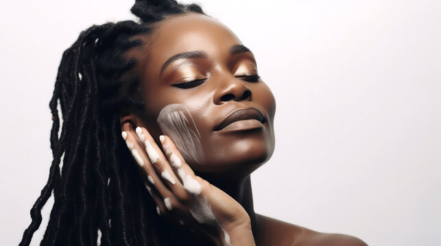 Portrait Close Up Of Middle Aged Black Woman With Dreadlocks Washing Face With Cleanser, Organic, Vegan Skincare Routine 