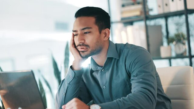 Tired, burnout and business man at desk check time on watch to leave, working on laptop for online project. Bored, stress and fatigue male worker in office for overworked, depression and unhappy job