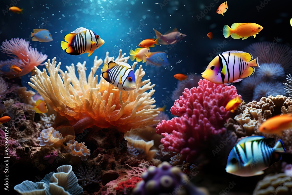 Wall mural Aquarium underwater  fishes in sea coral reef. Ocean nature: water animal tropical life, aquatic wildlife - Wall murals