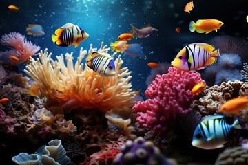 Aquarium underwater  fishes in sea coral reef. Ocean nature: water animal tropical life, aquatic...