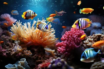 Foto auf Glas Aquarium underwater  fishes in sea coral reef. Ocean nature: water animal tropical life, aquatic wildlife © zzorik